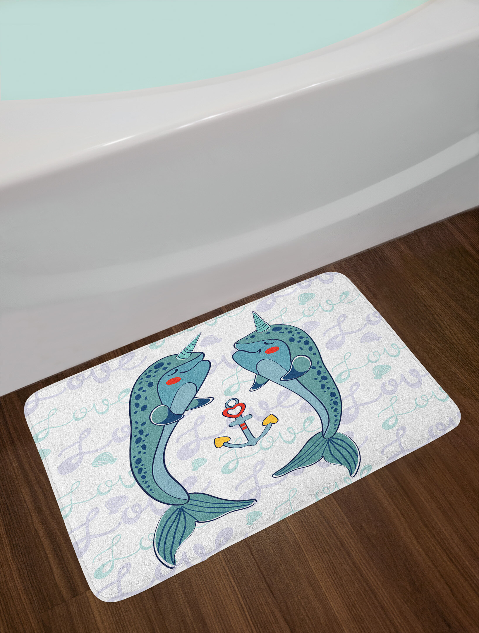 Ambesonne Narwhal Bath Mat By Couple Of Whales With Horns In Love Valentines Day Themed Nautical Illustration Plush Bathroom Decor Mat With Non Slip