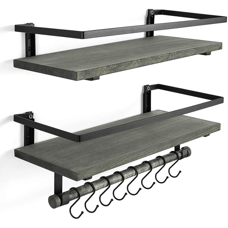 17 Stories Floating Shelves For Wall Wood Wall Mounted Storage Shelves For Bathroom Kitchen Bedroom Rustic Decor Shelves With 8 Removable Hooks And Towel Bar Set Of 2 Light Gray Wayfair