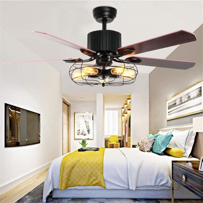 52" Lauder 5 - Blade Caged Ceiling Fan with Remote Control and Light Kit Included