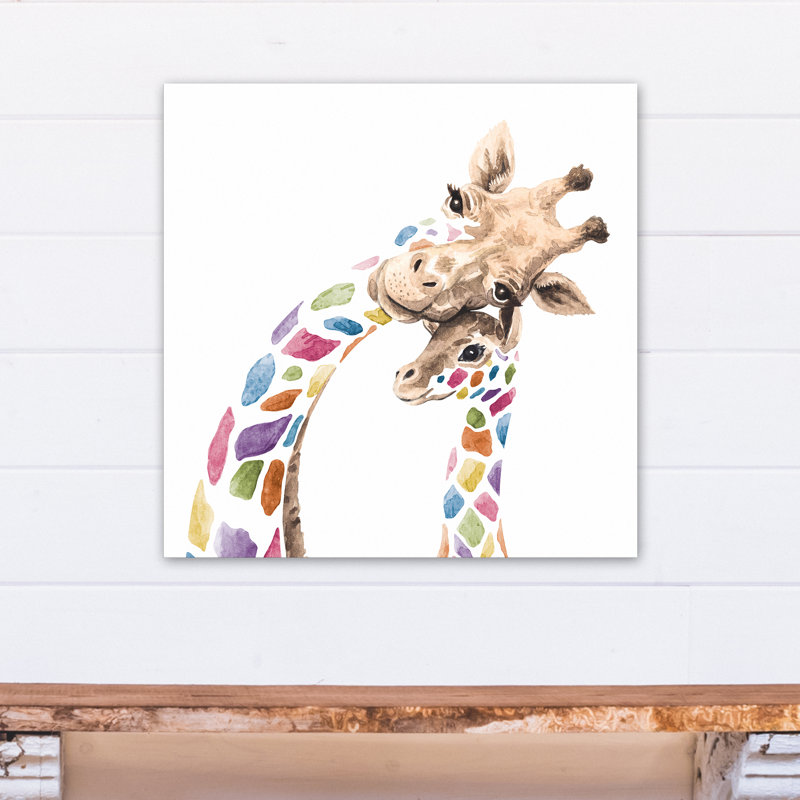 Zoomie Kids Magers Colorful Mom And Baby Giraffes Canvas Art