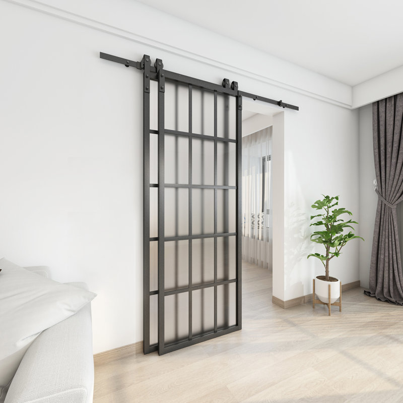 double glass bypass barn door with installation hardware kit finish: frosted, size: 72" x 84"