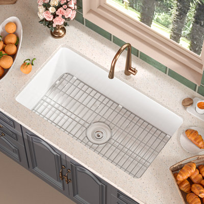 Rectangular Fireclay 32" L x 19" W Fireclay Undermount Kitchen Sink with Basket Strainer and Sink Grid