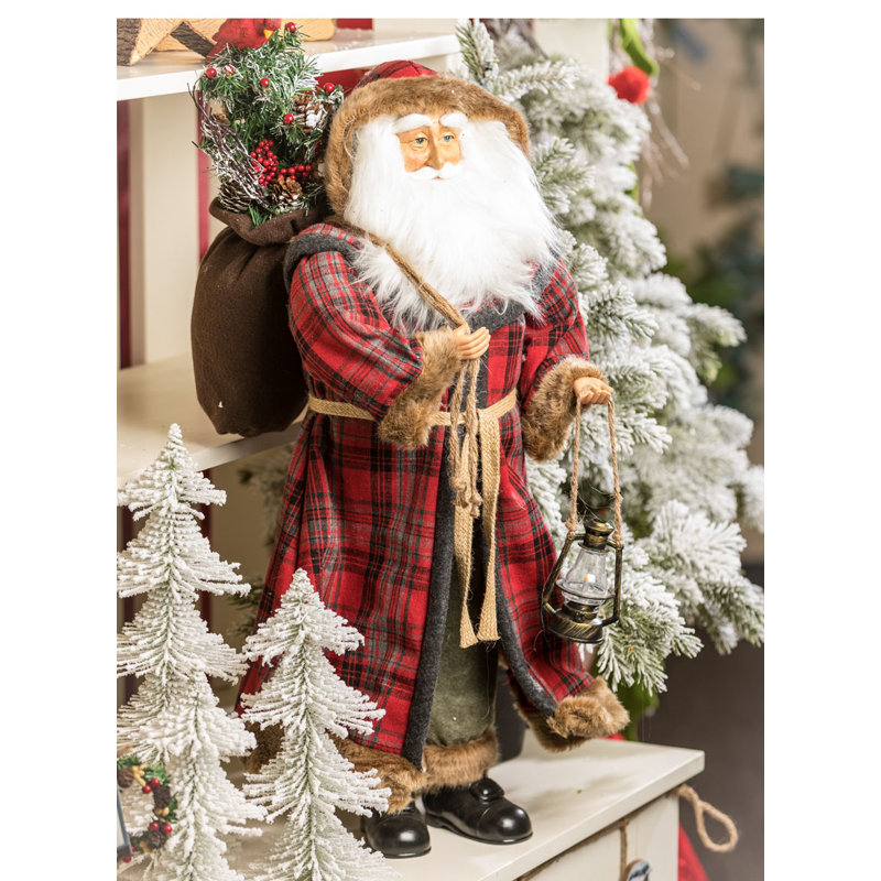 The Holiday Aisle Plaid Santa With Cardinal And Lantern Tabletop