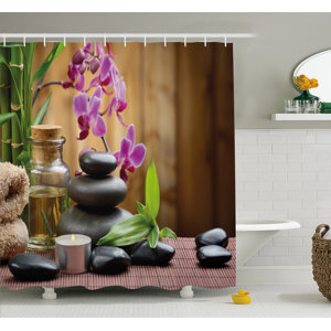 Spa Warm Welcoming Reception Big Stones Candles Scent Flowers Print Shower Curtain Set