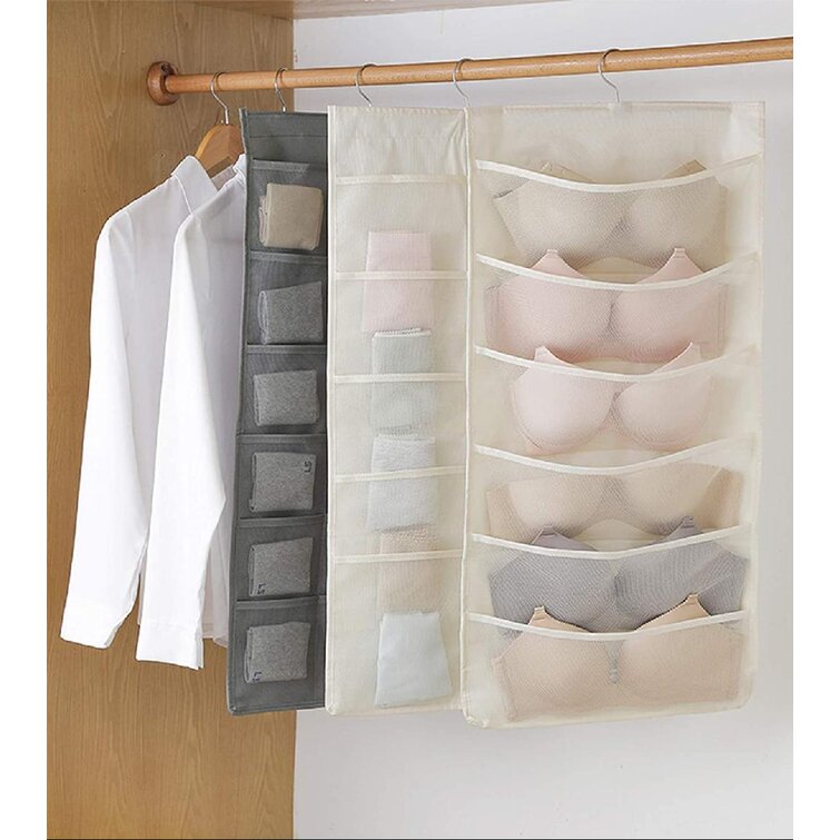 Closet Hanging Dual Sided Wall Shelf Organizer with Mesh Pockets & Rotating Metal Hanger Oxford Cloth Space Saver Bag for Bra Underwear Underpants Socks