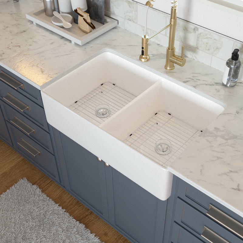 logmey evier de cuisine a double cuve de style campagnard avec crepine a panier en ceramique 33 po l x 18 po wayfair ca
