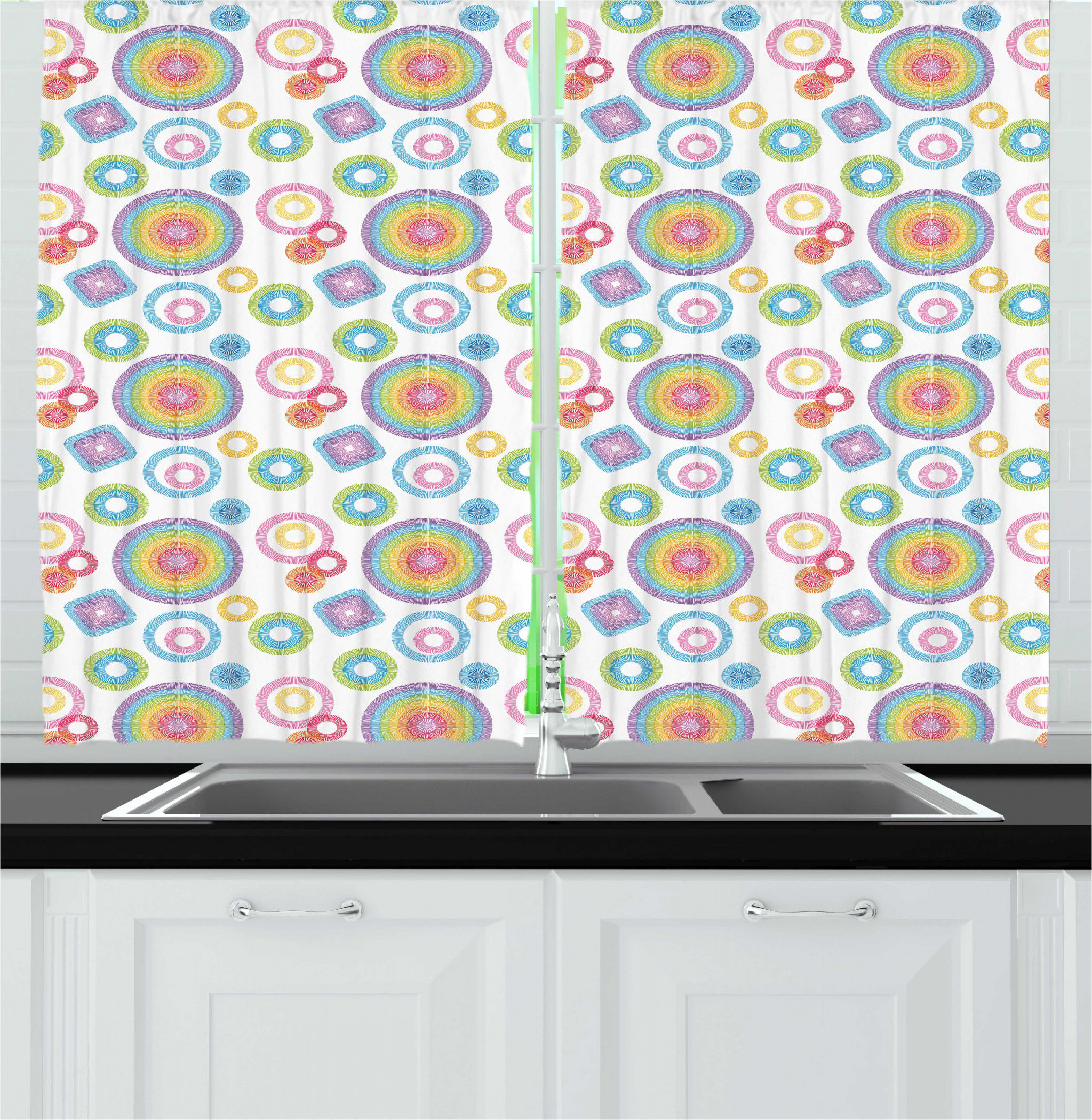 East Urban Home Colorful Geometrical Theme Abstract Ornaments With Squares And Circles In Rainbow Colors Kitchen Curtain Wayfair Abstract mosaic rainbow glowing squares with lights and black background. wayfair