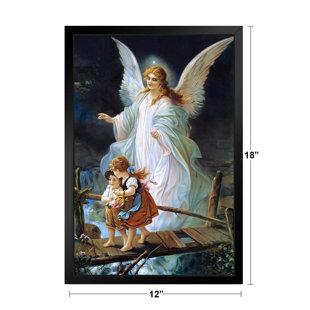 Trinx Lindberg Heilige Schutzengel Guardian Angel And Children Crossing Bridge Black Wood Framed Poster 14x Picture Frame Print Wayfair