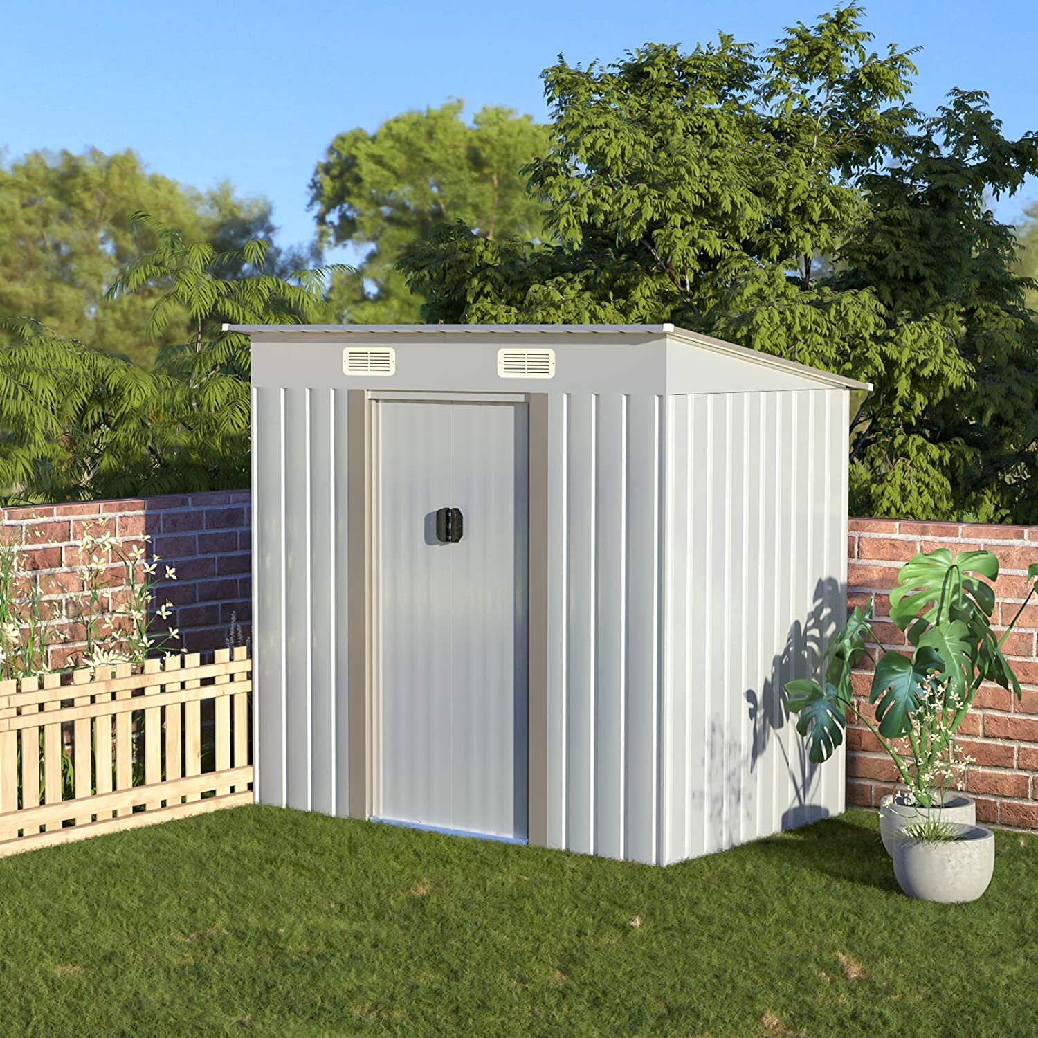 Crownland Backyard Garden Storage Shed 4 x 6 Feet Tool House with Sliding Door Outdoor Lawn Steel Roof Style Sheds Gray 