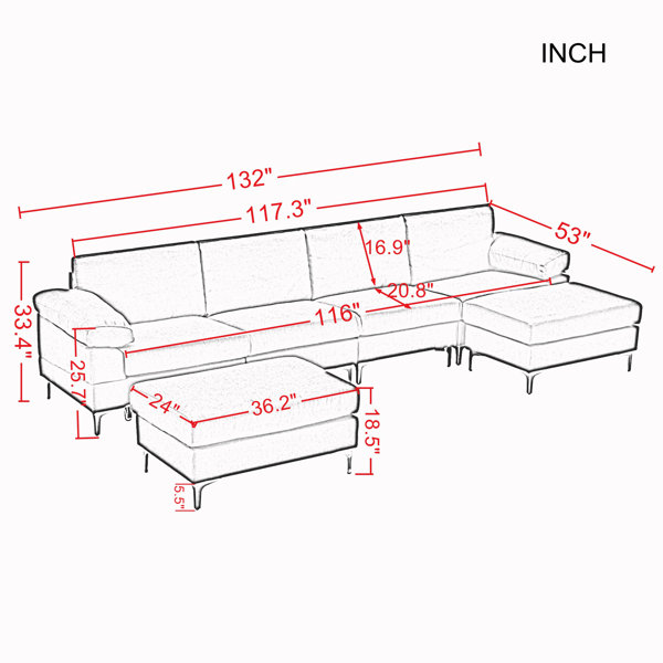 Almestica 132" Wide Linen Symmetrical Corner Sectional with Ottoman