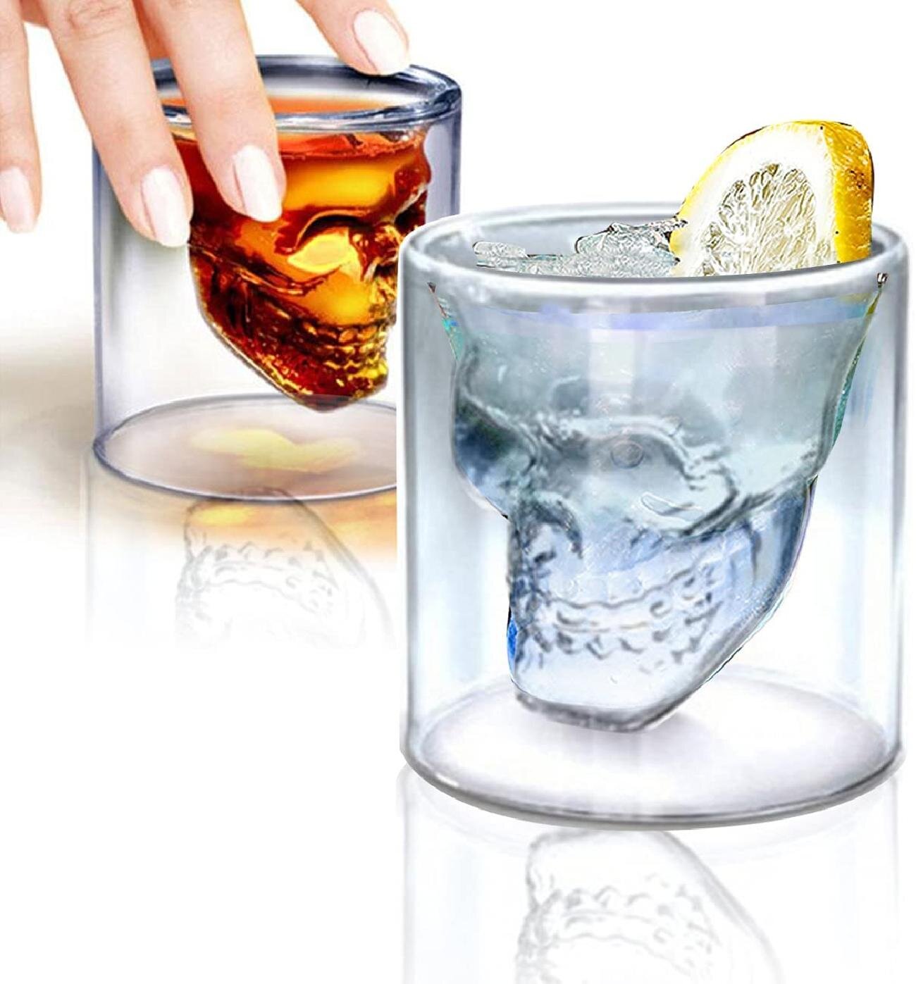 3D Skull Glass Mug,Funny Double Walled Crystal Heat-Resistant Beer Glasses for Wine Cocktail Vodka Tequila,Halloween Party Bar Gift,Setof4 Set of 4 Multi-Sized