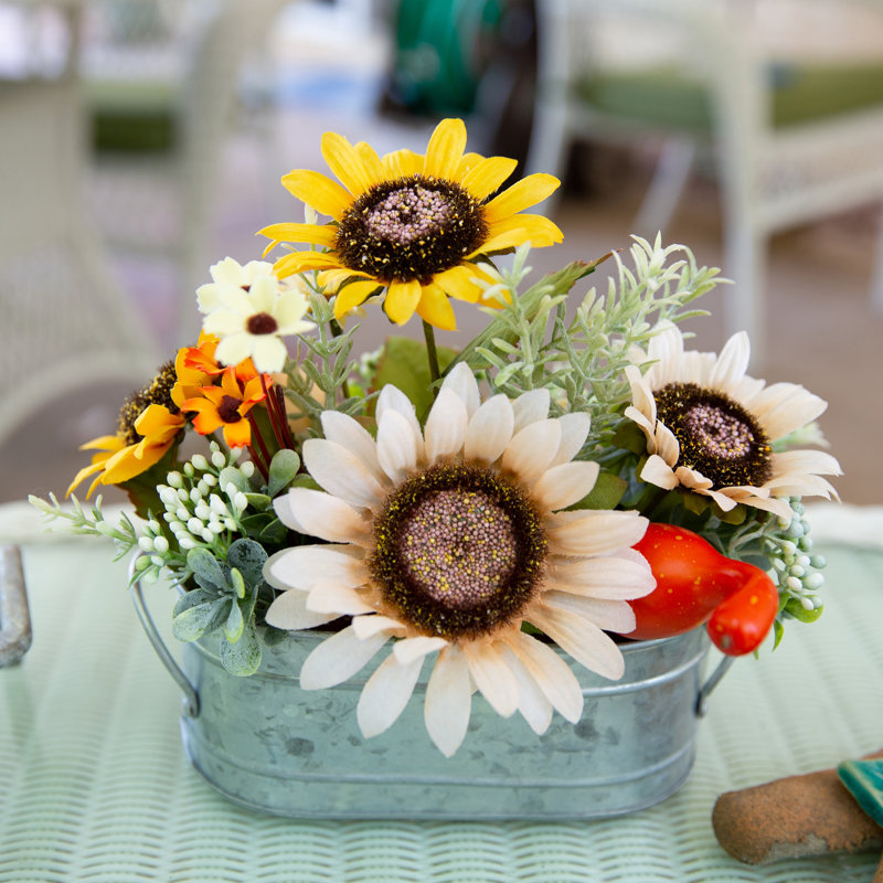 10" Sunflowers and Pumpkins Mix Floral Arrangement in Tin Pot