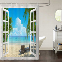Beach Scene Shower Curtain Ocean Vinyl 72 Inch Photo Real Bathroom Sea Sky Decor 