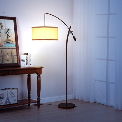 Grayson 84 in. Mid-Century Modern Height-Adjustable LED Arched Floor Lamp with Beige Fabric Drum Shade
