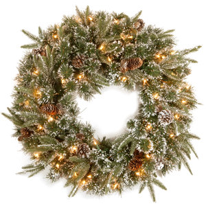 Pine Wreath with Snow Pinecones with 50 Clear Lights