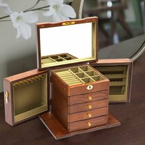 Vintage Large Wooden Ring Earring Jewelry Display Box Case Organizer Storage AL 