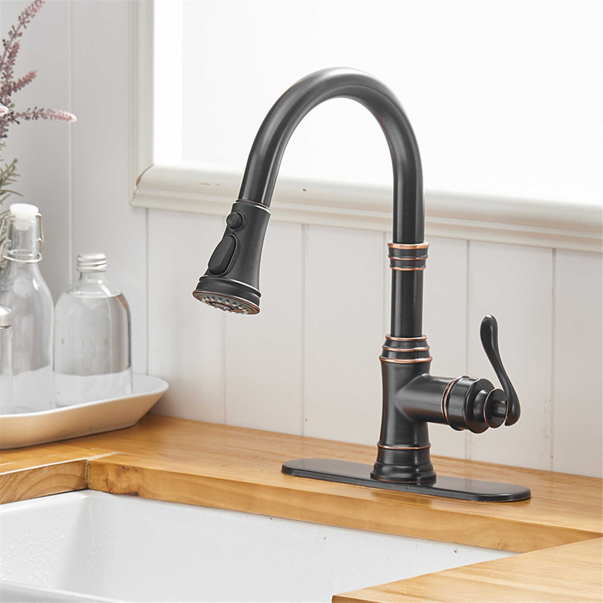 Contemporary Pull-Down Kitchen Faucet Soap Dispenser Oil Rubbed Bronze Finish 