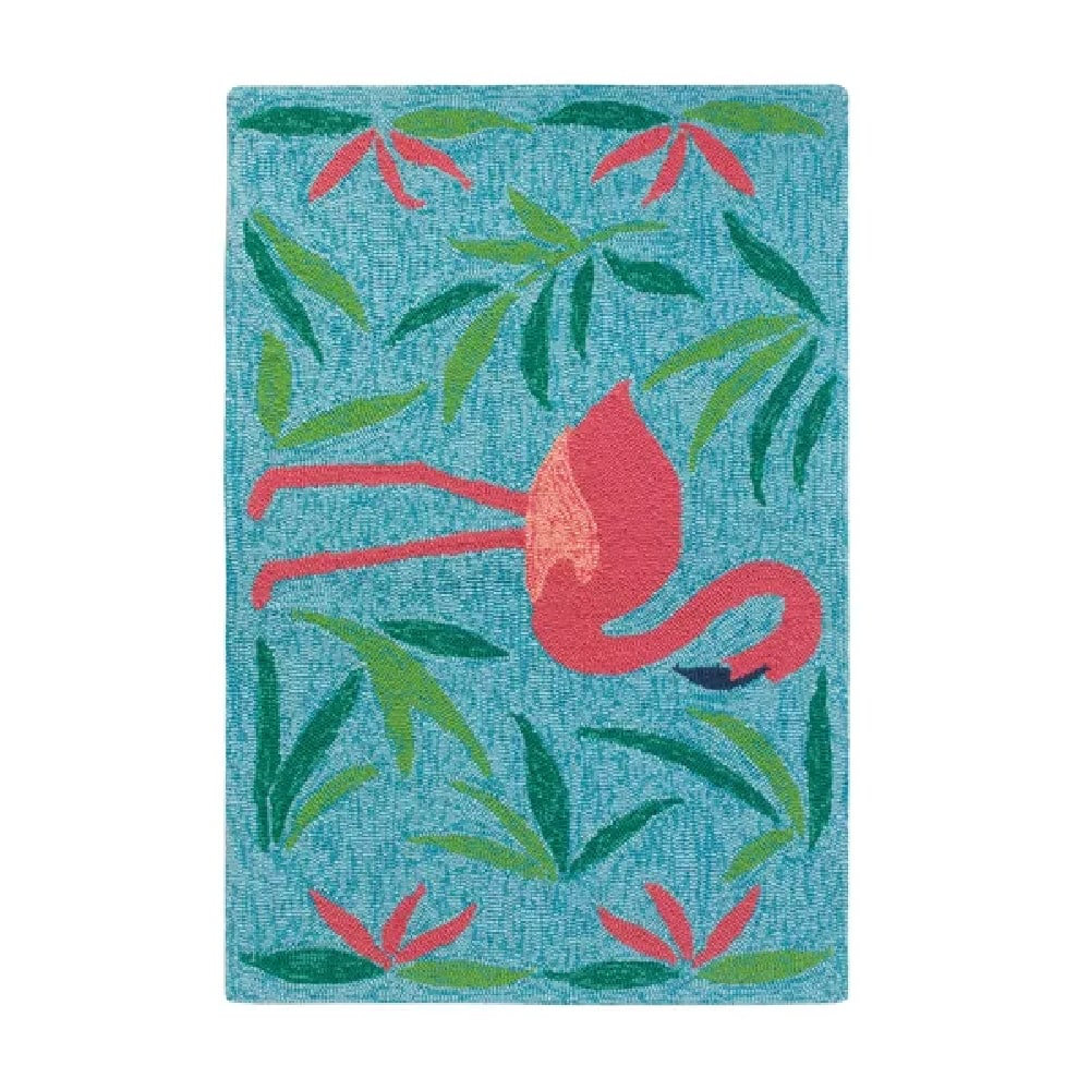 CompanyC Fancy Flamingo Handmade Looped/Hooked Aqua/Pink Indoor/Outdoor