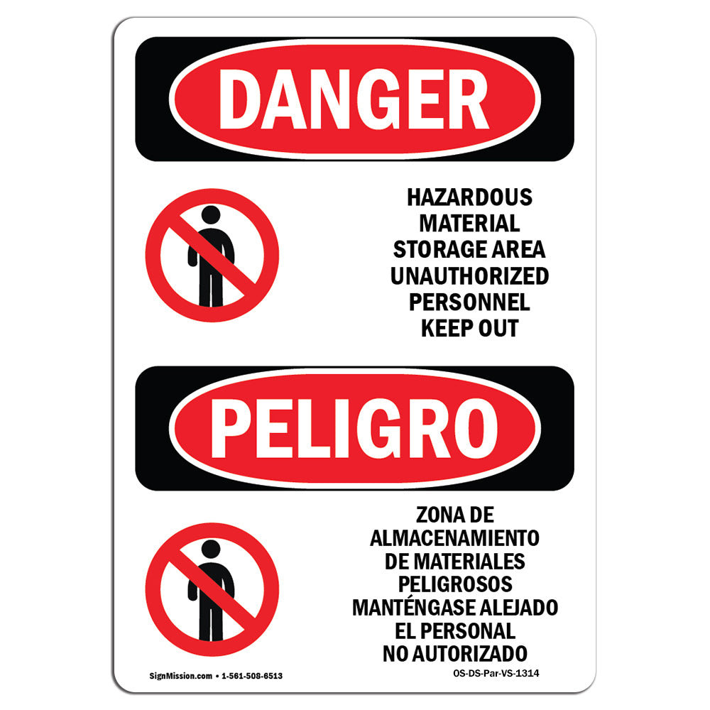 SignMission OSHA Danger Hazardous Material Storage Area Bilingual Sign ...