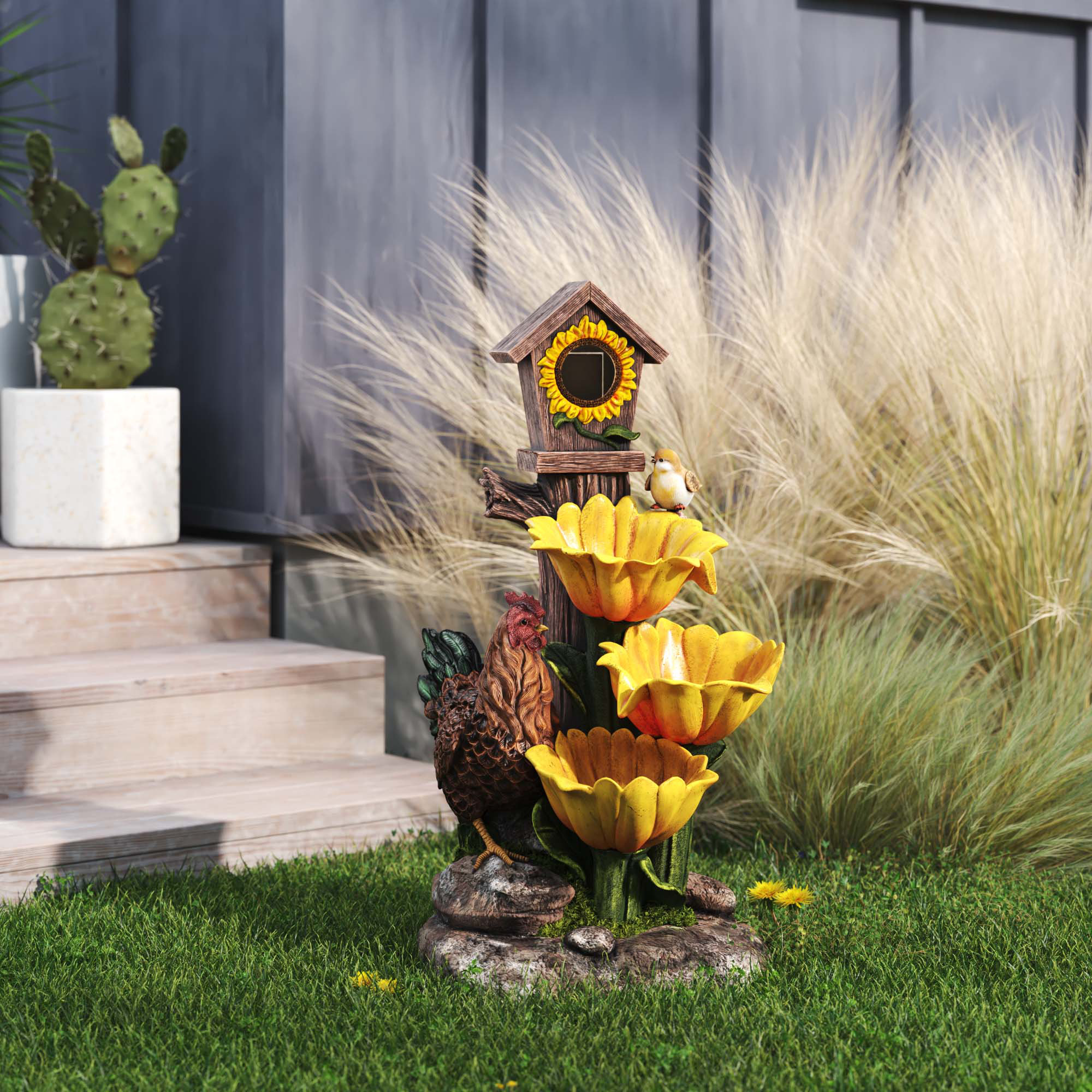 Langley Street Helmick Resin Sunflowers and Birdhouse Fountain with LED