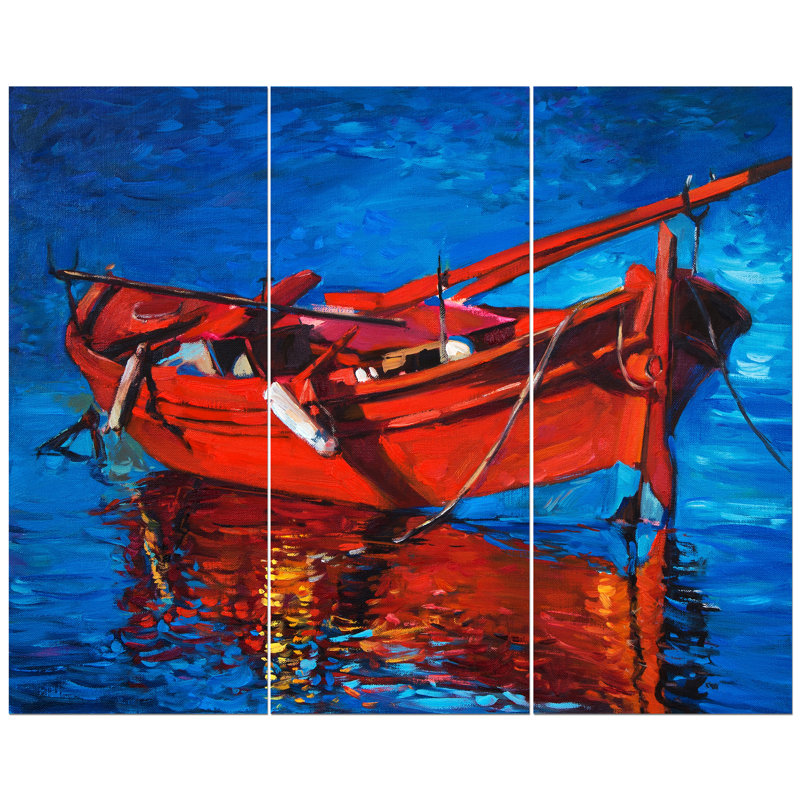 East Urban Home Red Boat Over The Ocean Oil Painting Print Multi