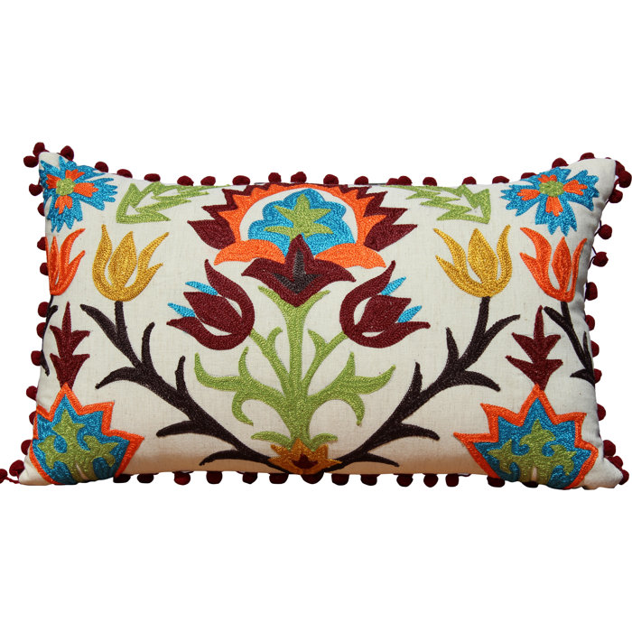 Auburn Textile Embroidered With Pom Pom Edges Throw Pillow