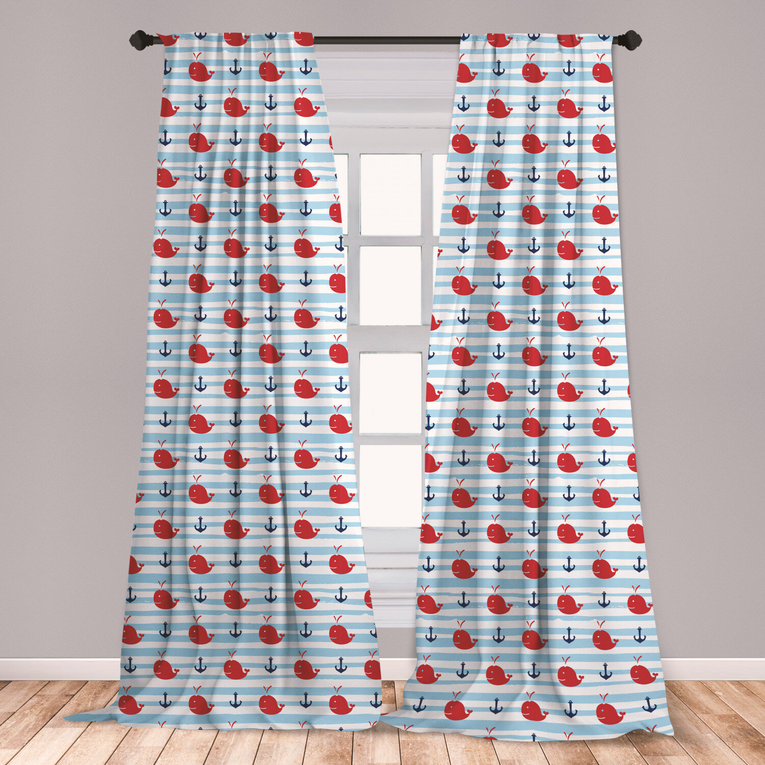 Ambesonne Whale 2 Panel Curtain Set Anchor And Whale Naval Adventure Themed Motifs On Striped Backdrop Lightweight Window Treatment Living Room