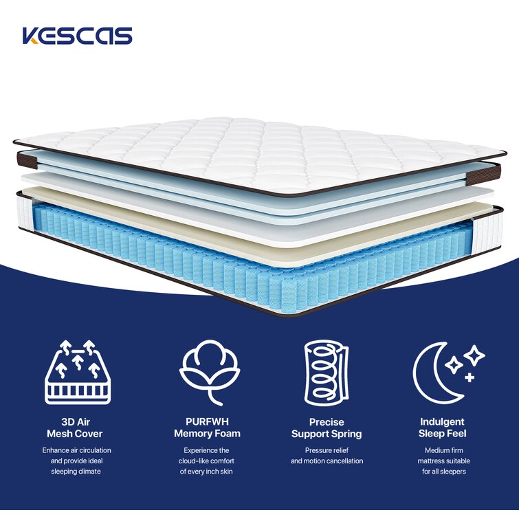 100 Nights Trial Kescas Twin Mattress 10 Years Support Medium Firm Mattress in a Box Designed to Improve Back Pain Relief and Deep Sleep 8 Inch Cool Breathable Memory Foam Hybrid Mattress Single