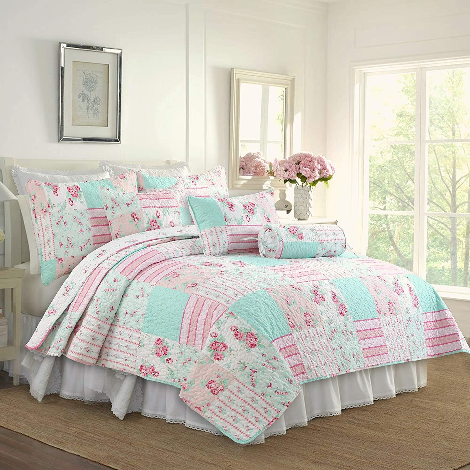 Rose Floral Patchwork Quilt Cover Set Single Double Bedding Bed Linen Blue Pink 
