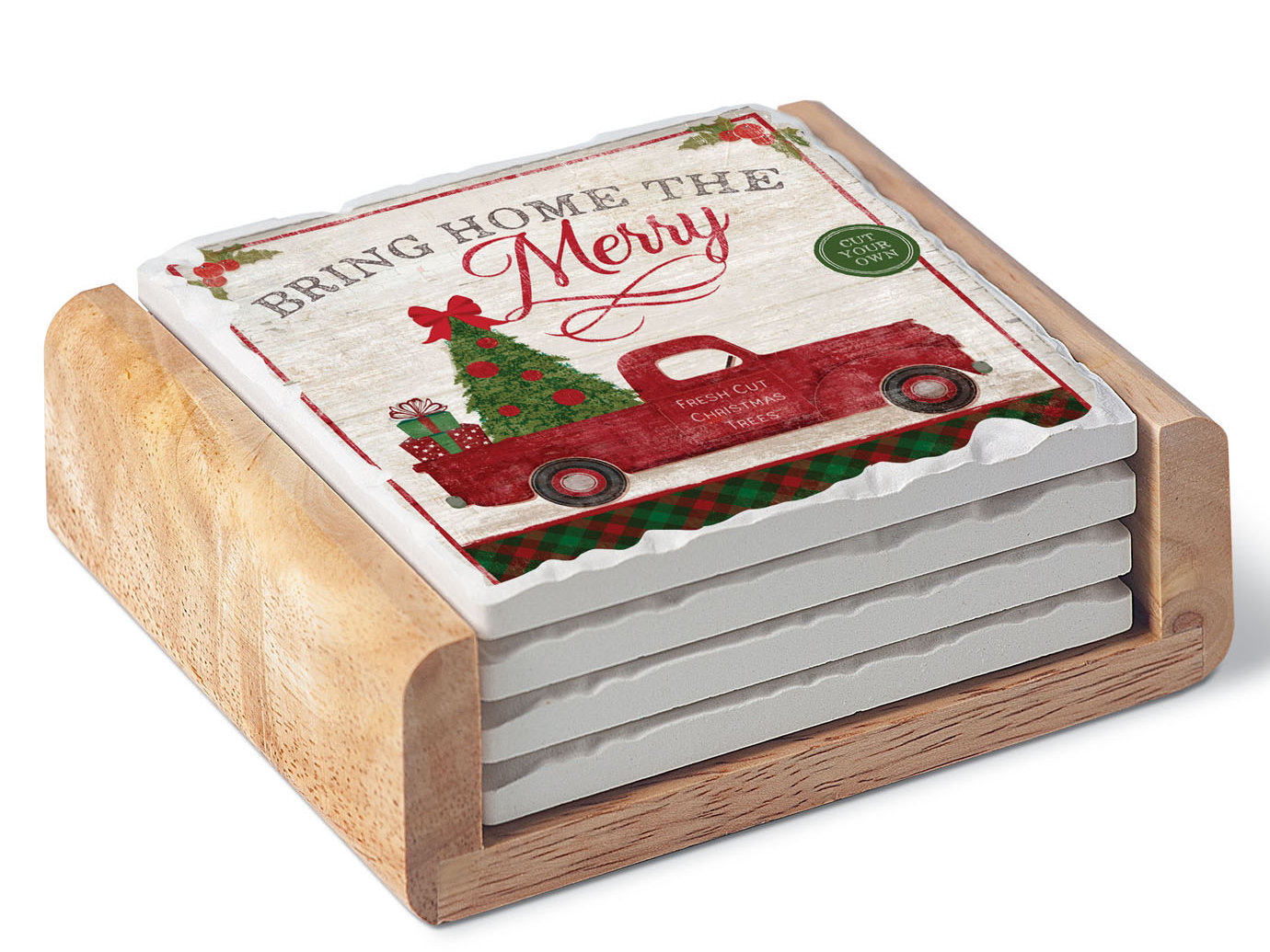 One Size Cork Backed CoasterStone Natural Christmas Set of 4 Coasters
