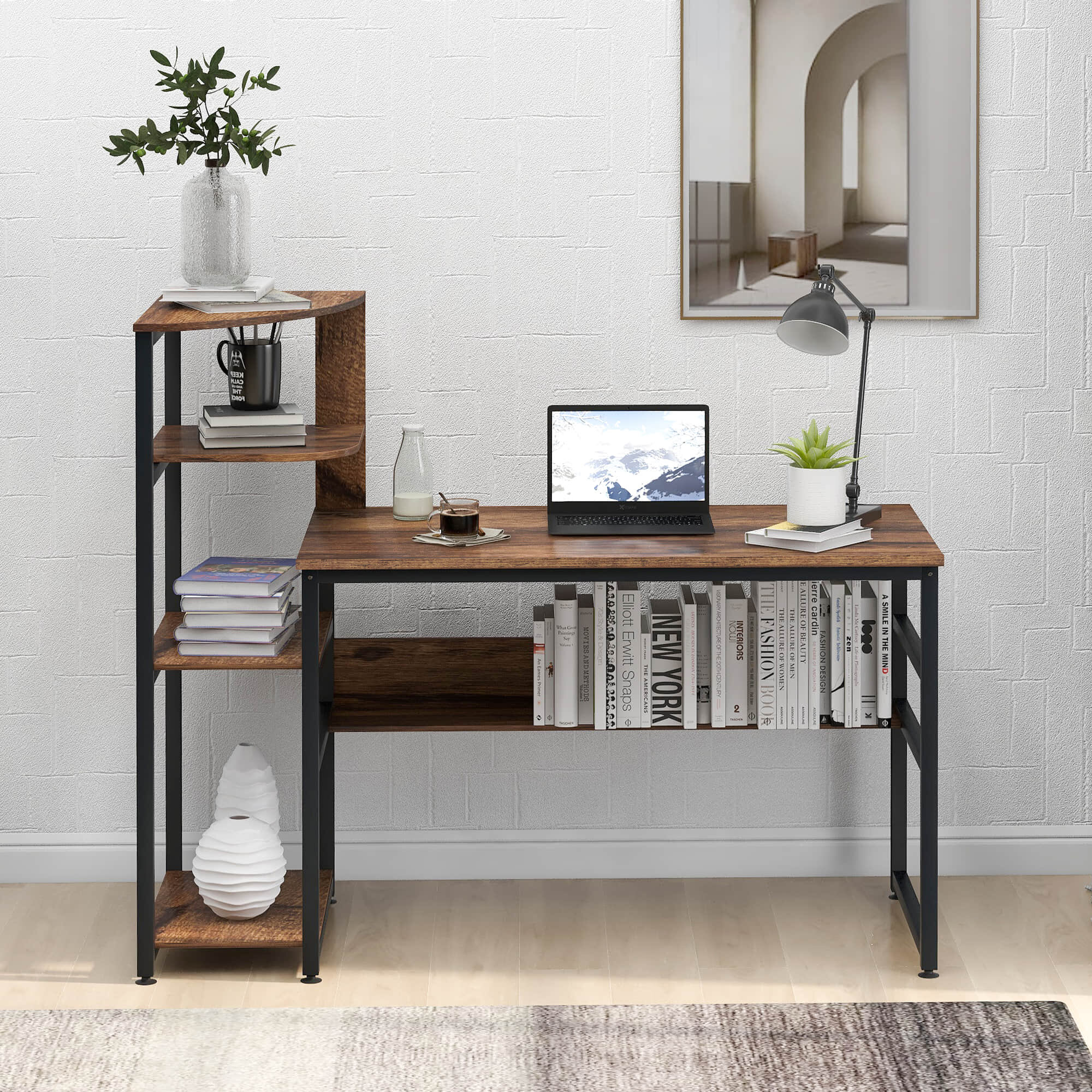 Wood Computer Desk w/4 Tier Shelves Modern Laptop Study Table Home Office 