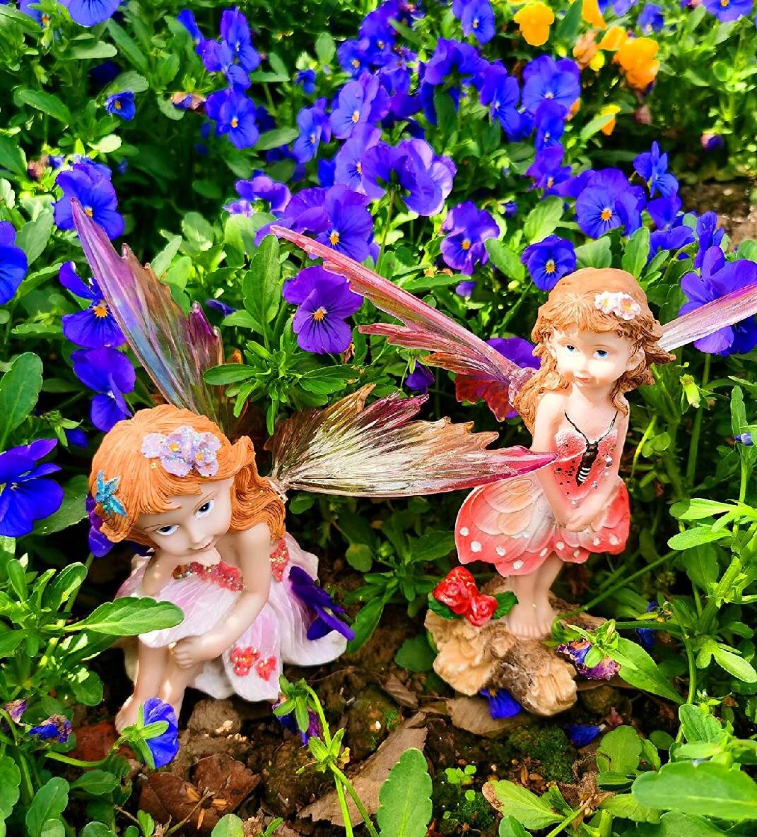 Fairy Garden Fairies Statue Angel Ornament Figurine Handmade Sitting Flower Fairy Beautiful Girl Figurines for Indoor & Outdoor Miniature Fairy Garden Holiday Ornaments Gift for Girls Kids Adults 