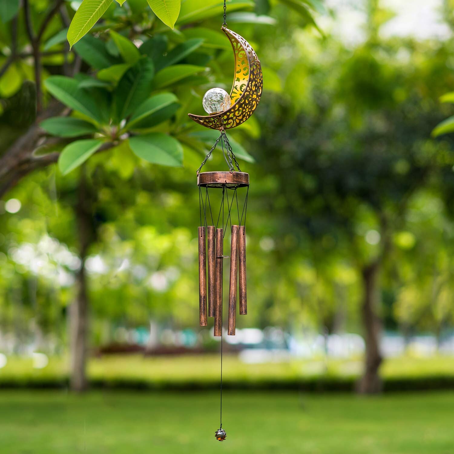Hanging Solar Lights Outdoor Crackle Glass Windchimes for Outside Garden Decoration Wind Chimes Bronze Sun Star & Moon Design Sympathy Memorial Gift 