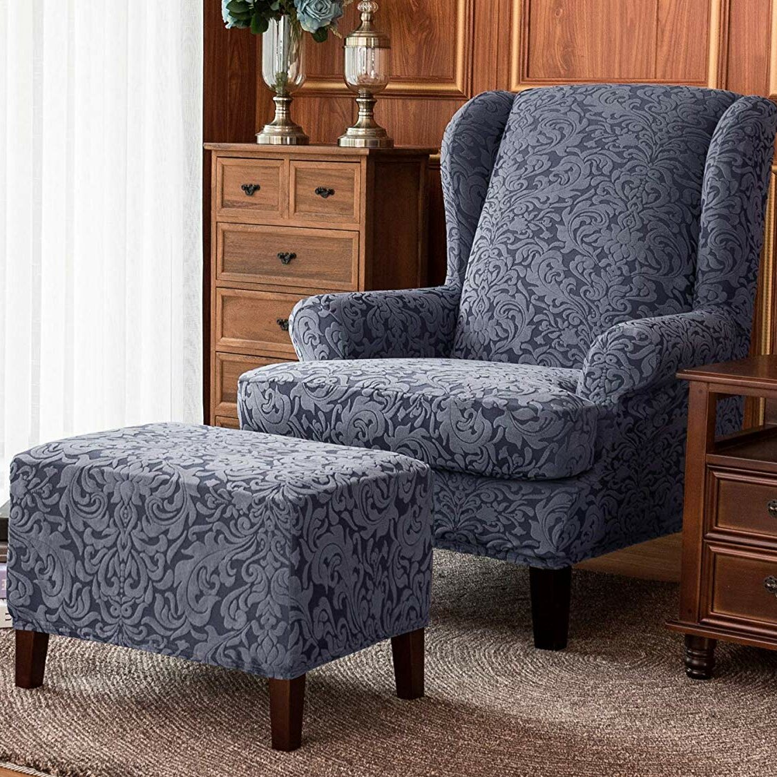 patterned wingback chair slipcover