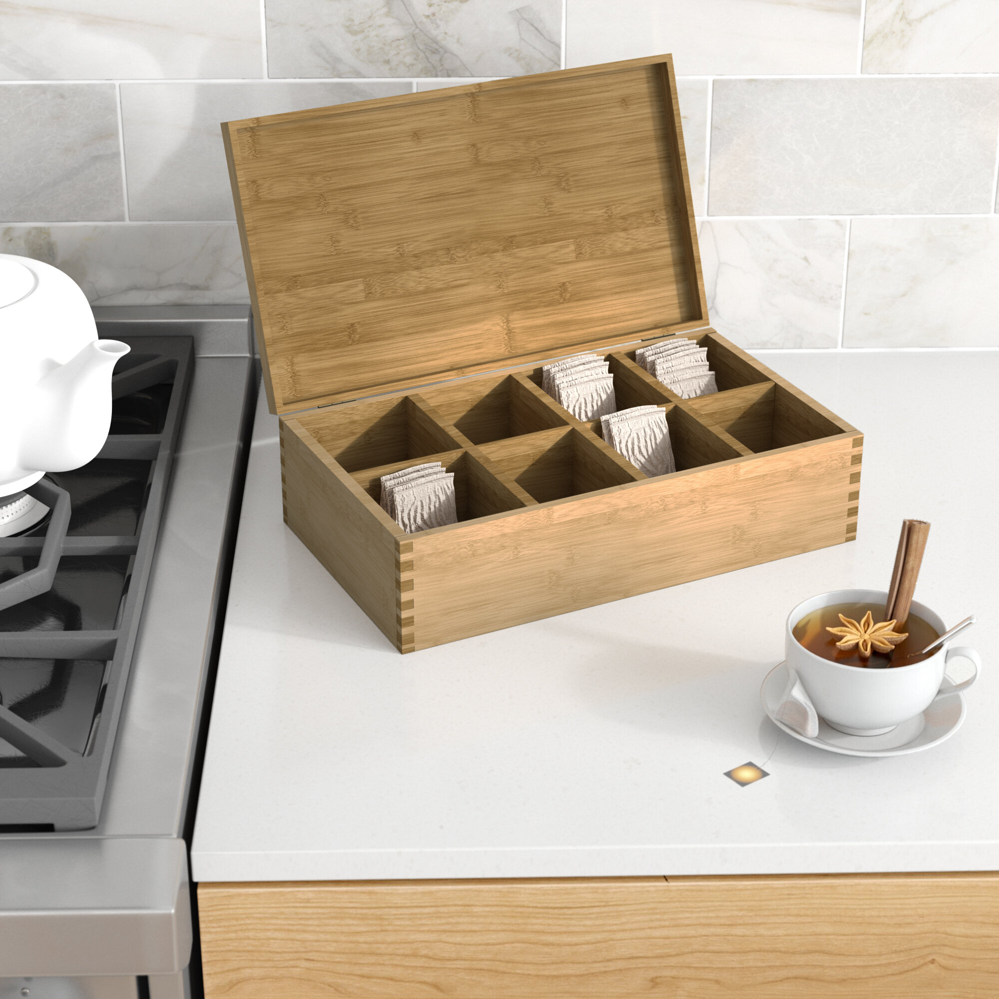 Tea Boxes with Compartments Wooden Organiser Storage White,9-Compartment Bamboo Tea Box with Lid Coffee Tea Bag Storage Holder Organizer,for Kitchen Cabinets 