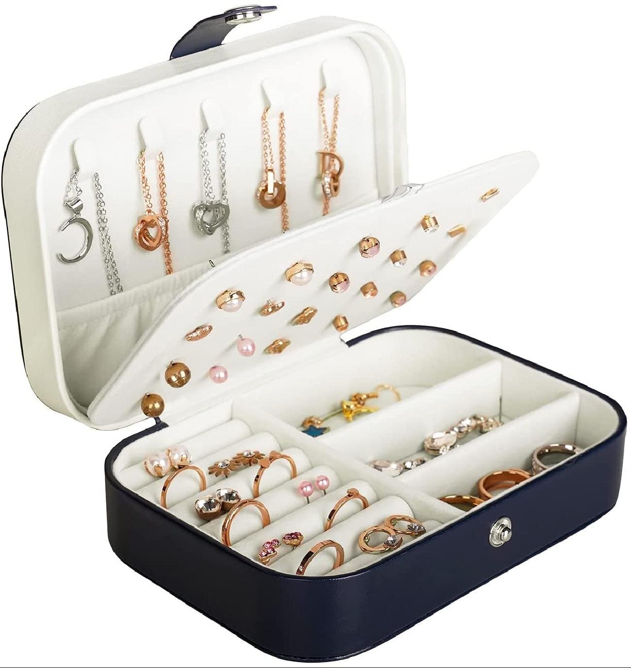 Blue Portable Travel Mini Jewelry Organizer Necklace Ring Pendant Earring Bracelet Storage Organizer Holder Boxes PU Leather Small Jewelry Box 