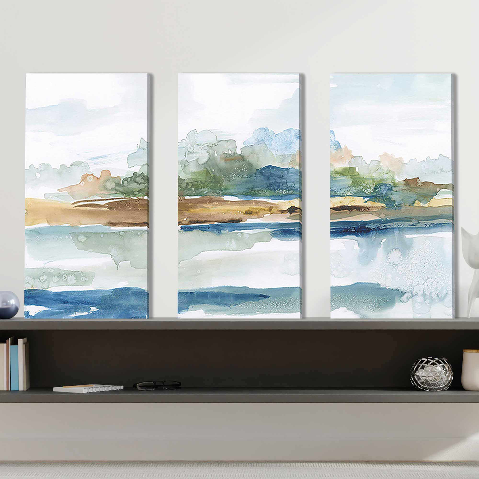 Winston Porter Blue Solace - 3 Piece Wrapped Canvas Painting | Wayfair