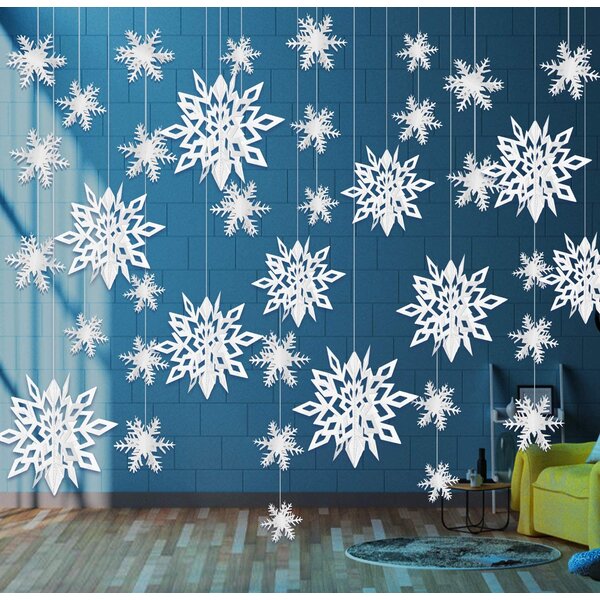 8 Pieces White Silvery Light Blue Dark Blue Glittery Snowflake Banners Christmas Snowflake Bunting Hanging Garlands Snowflake Decorations for Winter Wonderland Princess Snow Themed Party