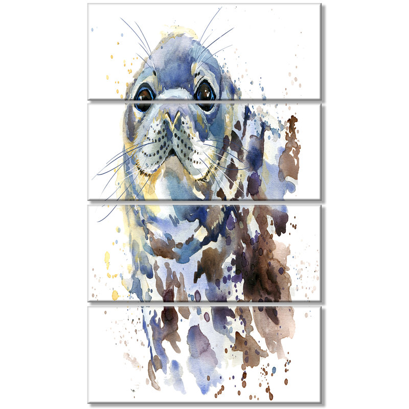 Designart Blue Marine Seal Watercolor 4 Piece Painting Print On