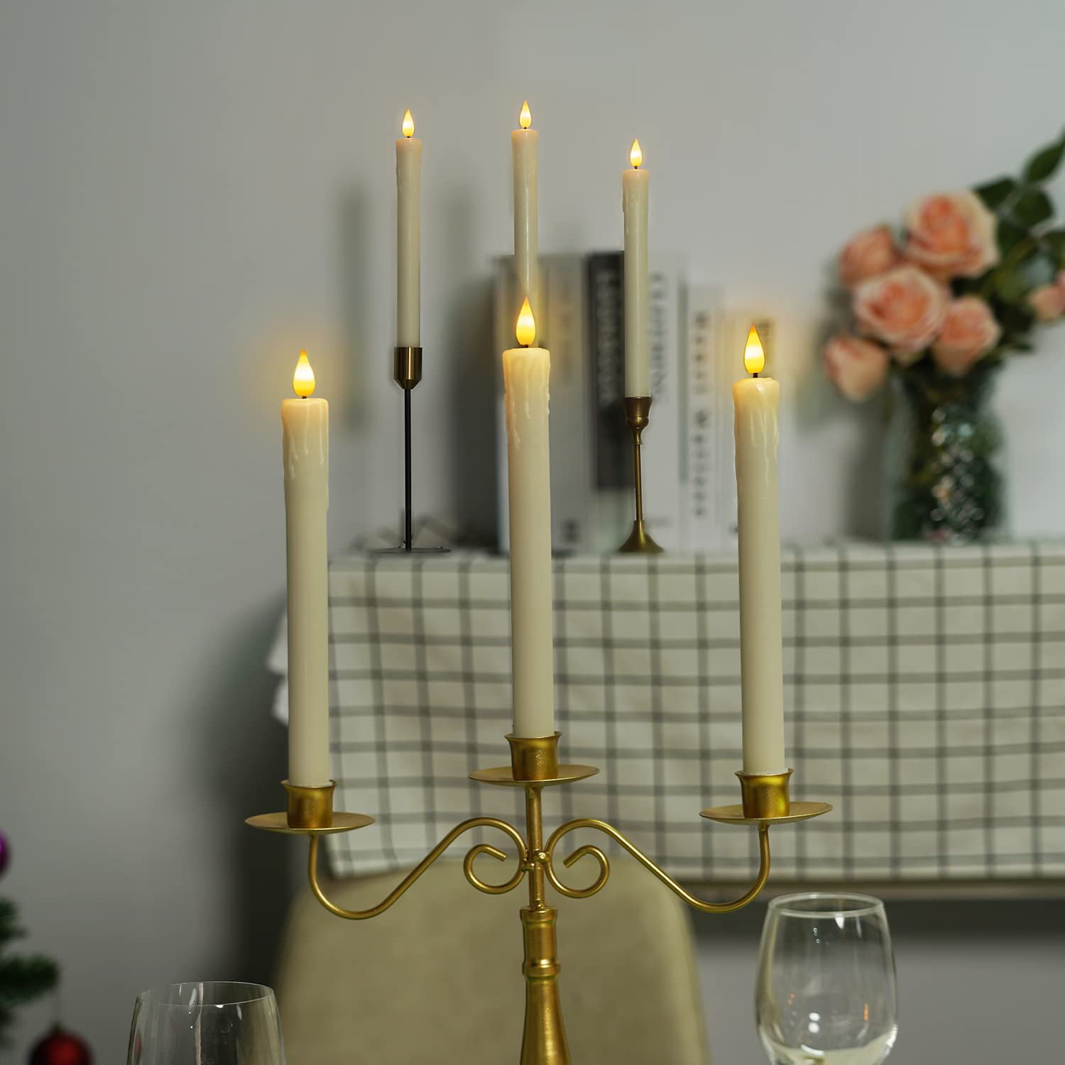 Symple Stuff Flameless Taper Candles,Green Striped Taper Candle With