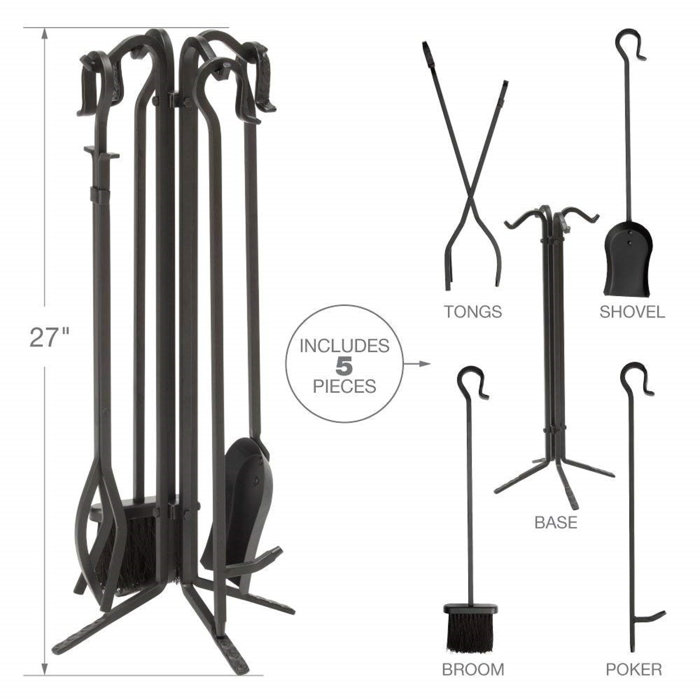 Millwood Pines Echeverria 5 Piece Wrought Iron Fireplace Tool Set