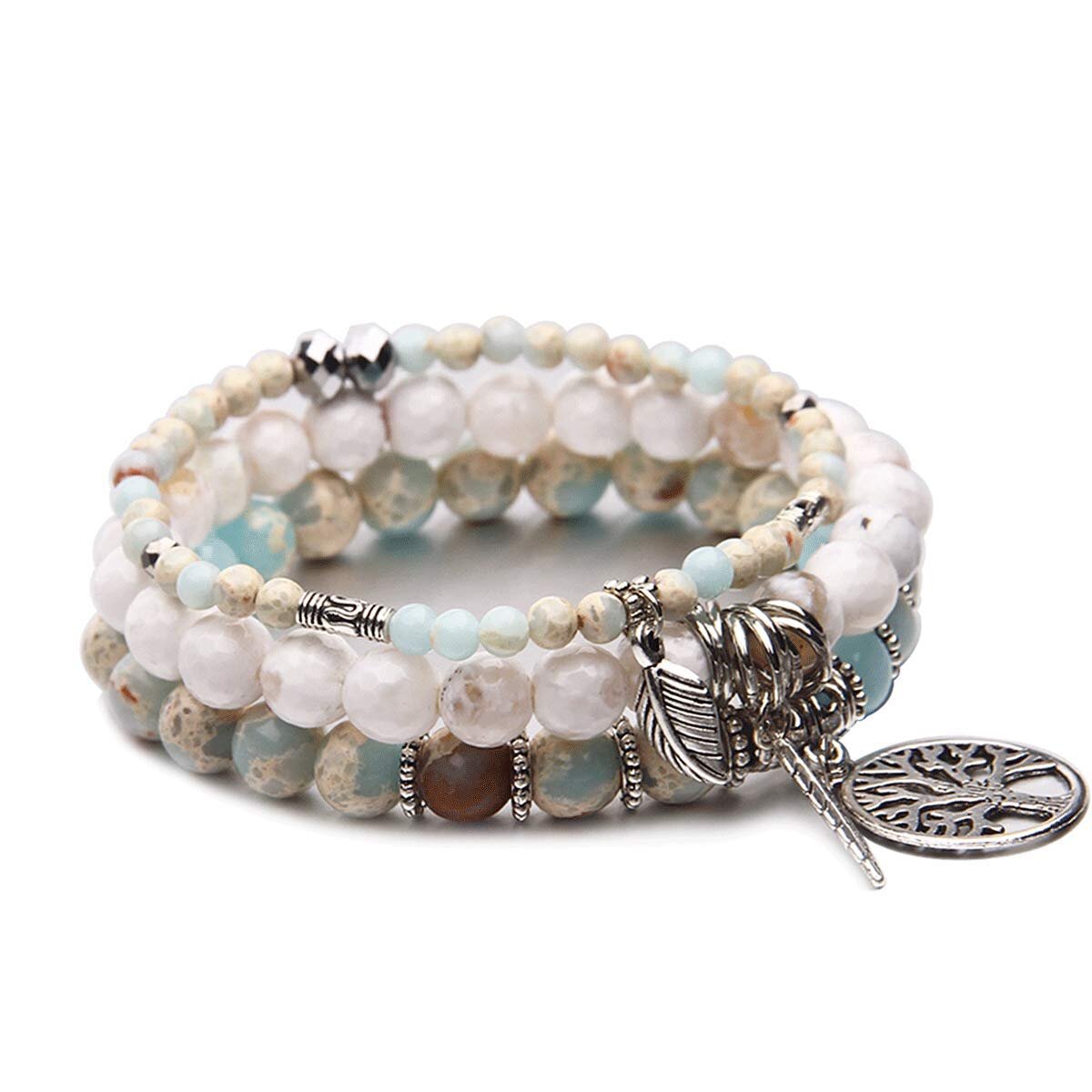 EvaDane Natural Malachite Gemstone Tibetan Bead Tree of Life Charm Stretch Bracelet