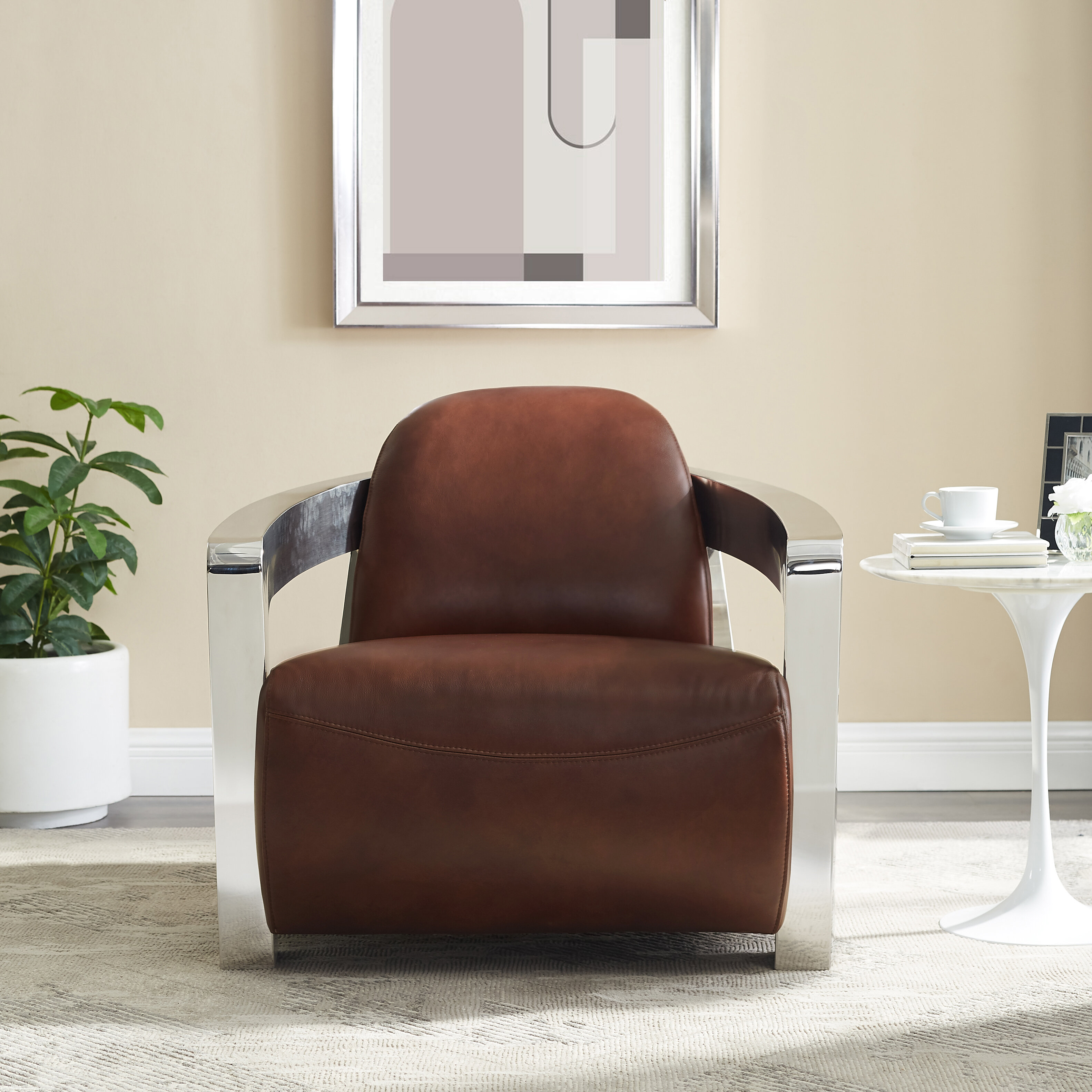 sunset trading milan aviator armchair  leather with chrome arms  brown