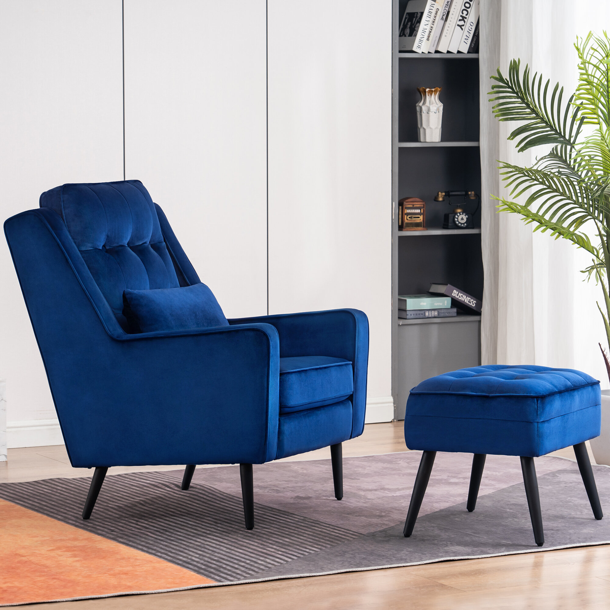 blue velvet accent chair with ottoman