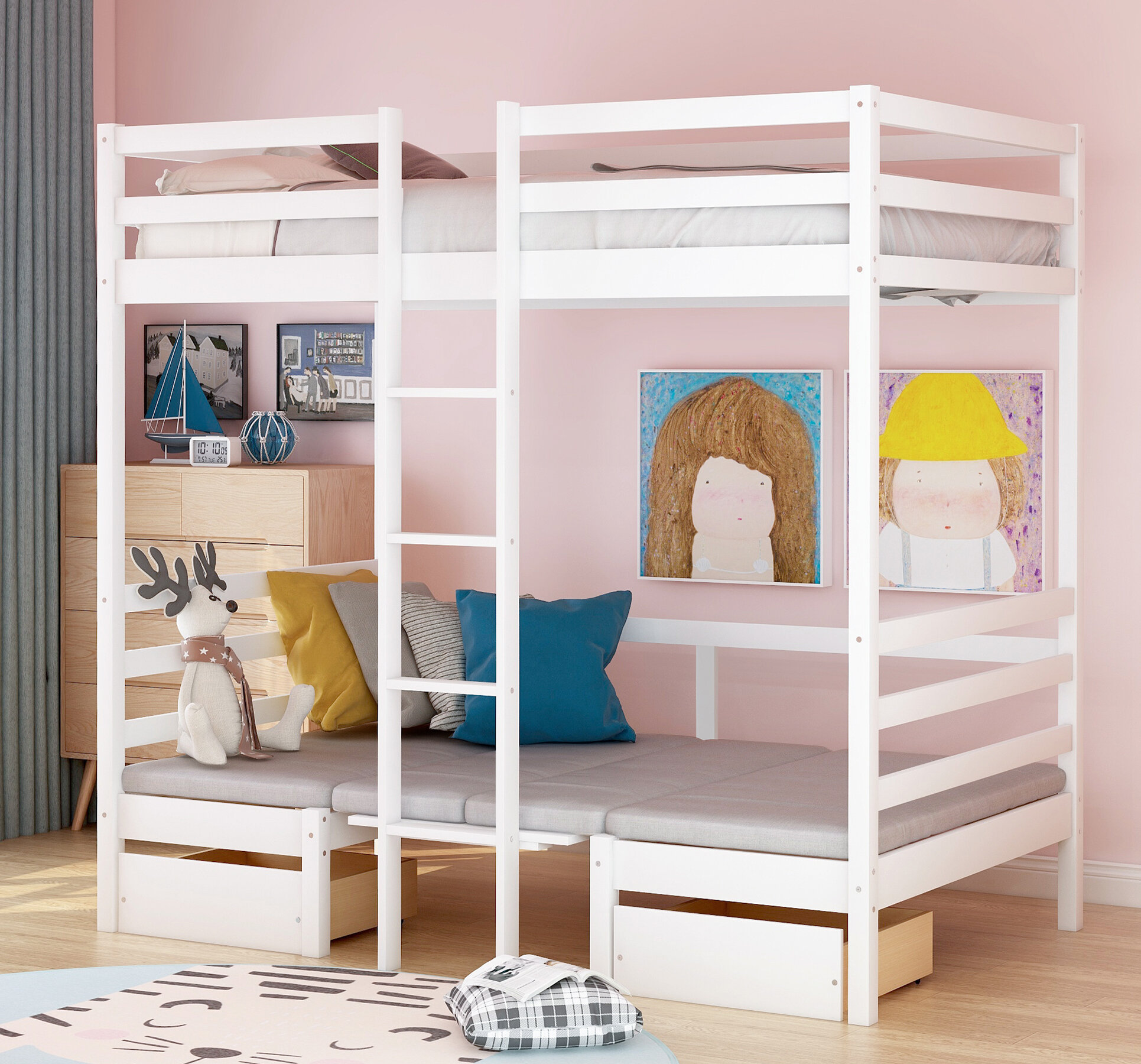 twin bunk bed with desk and drawers