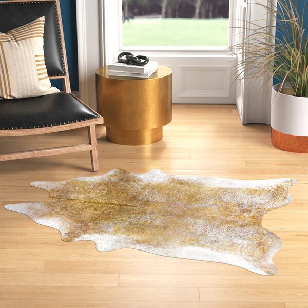 New COWHIDE RUG Devore Metallic Gold on Off White Leather Cow Skin  Cow Hide 