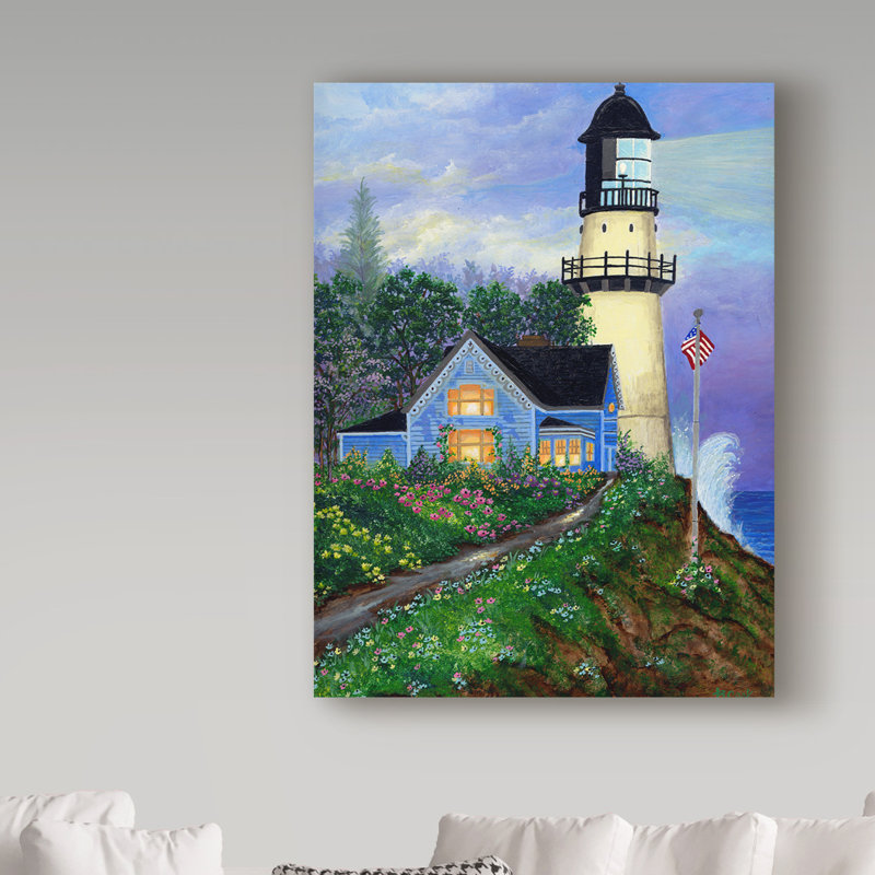 Breakwater Bay Lighthouse Under Blue Sky Acrylic Painting Print