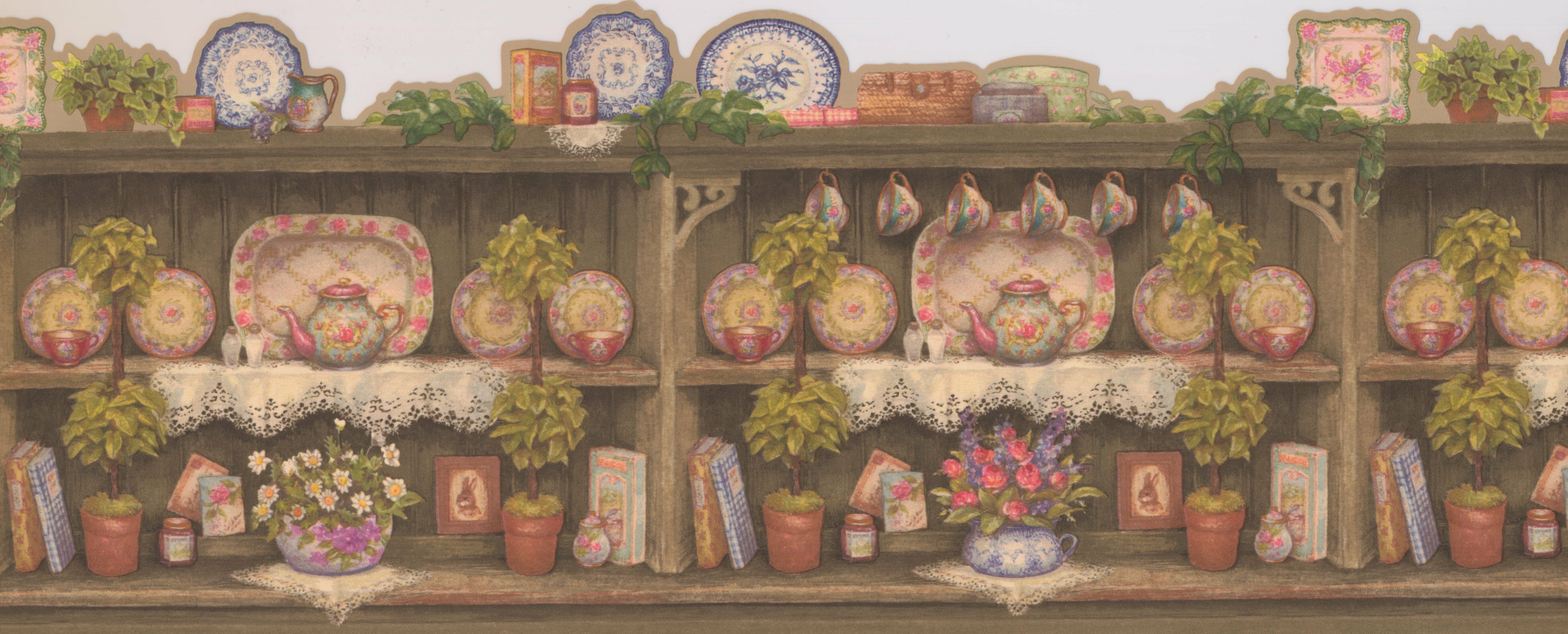 Bourgoin Vintage Wooden Kitchen Cabinets With Plates Cups Plants Trays Kettle Wide 9 5 L X 180 W Wallpaper Border