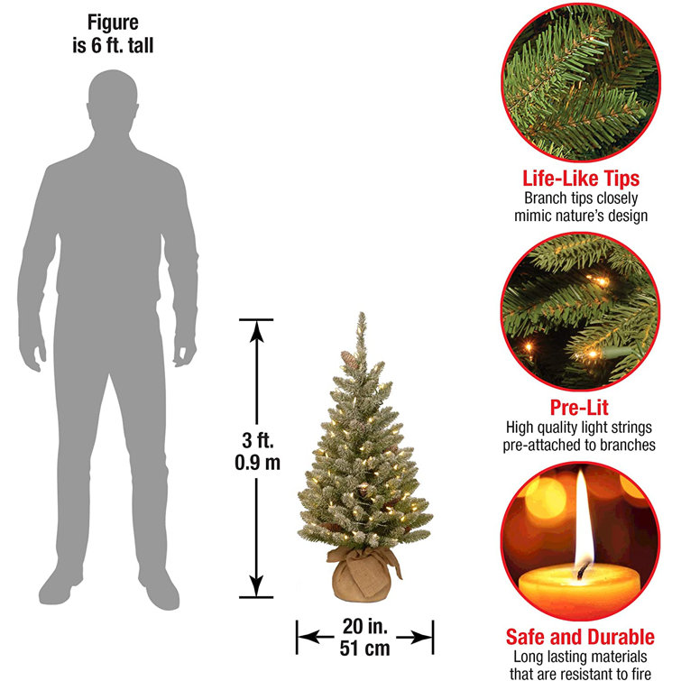 Pre-Lit Artificial Mini Christmas Tree | Includes Small White LED Lights  And Cloth Bag Base | Snowy Concolor Fir Burlap