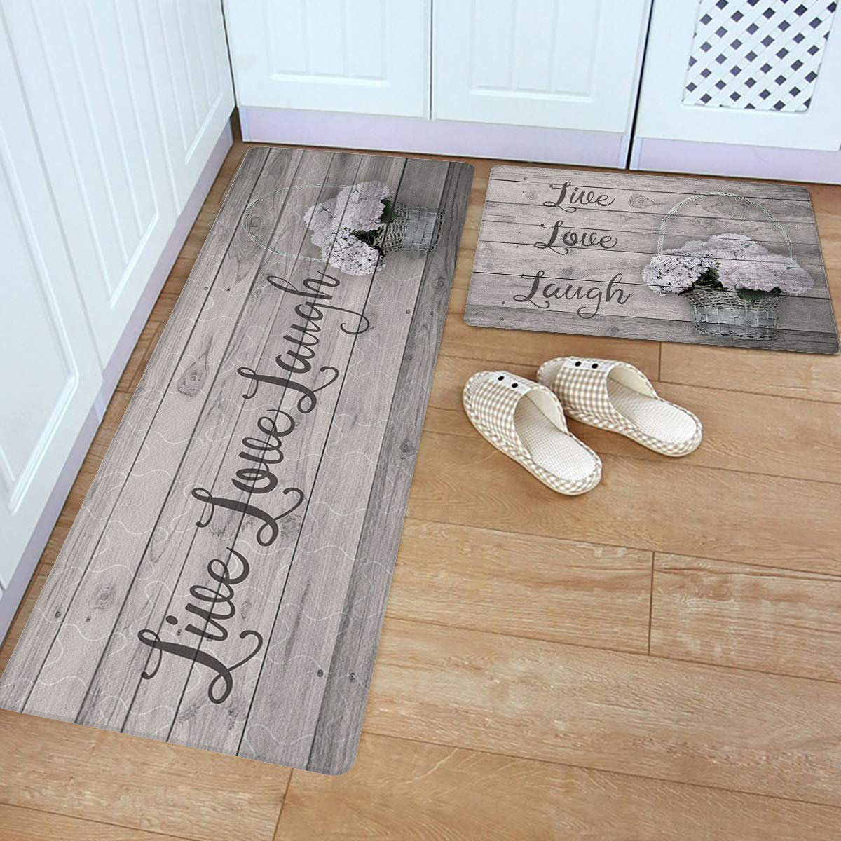 Qizhongtrade Kitchen Rugs Set Anti Fatigue Floor Mat Doormats 2 Piece Waterproof Non Slip Kitchen Mats And Rugs Pvc Standing Mats Floor Runner Carpet Live Love Laugh Hydrangea Flower Wooden Plank 18 X30 18 X59 Wayfair